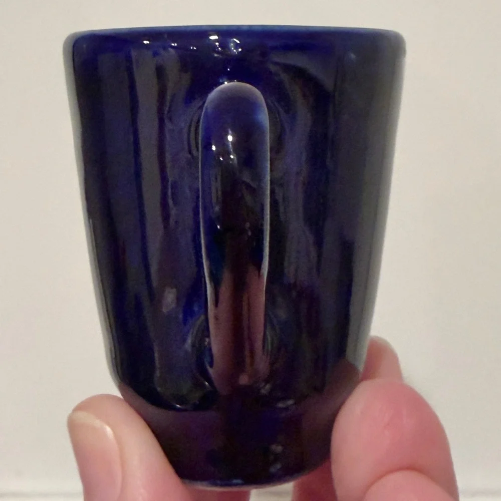 Vintage cobalt blue Karlsbader Becherovka ceramic shot glass with handle